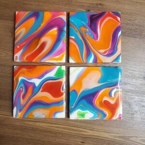 Vibrant Hand-Painted Abstract Ceramic Coaster Set. Set of 4 One-of-a-Kind Art